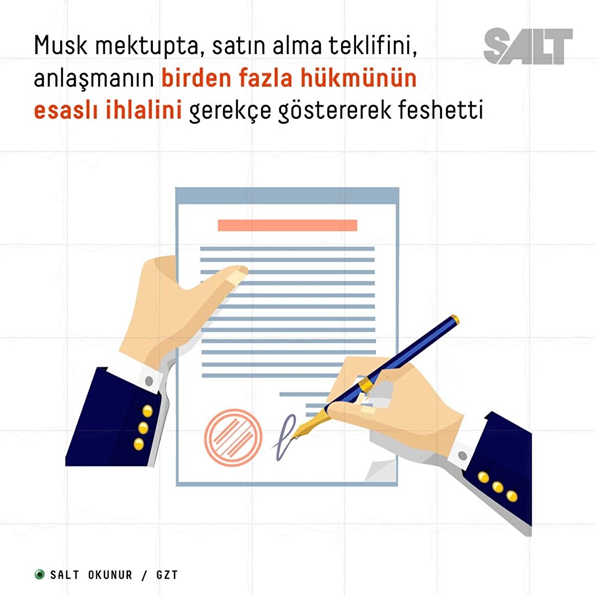 Musk mektupta, satın alma teklifini, anlaşmanın birden fazla h&#252;km&#252;n&#252;n esaslı ihlalini gerek&#231;e g&#246;stererek feshetti