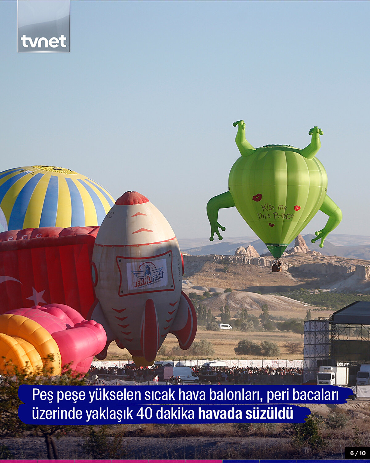 Peş peşe yükselen sıcak hava balonları, peri bacaları üzerinde yaklaşık 40 dakika havada süzüldü