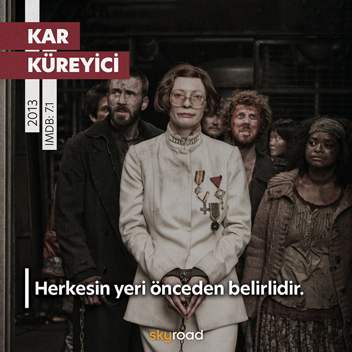 📌 Kar Küreyici 2013 IMDb 7.1 <br>Bong Joon-ho'nun ilk İngilizce filmi olan Kar Küreyici, 2031 yılında, küresel ısınmayı durdurmak üzere yapılan bir deneyin yanlış gitmesi sonucunda dünya yeniden buzul çağına dönmüşüyor. Bu felaketten geride kalan az sayıda insan, Snowpiercer adı verilen bir trende yaşamak zorunda kalsa da, trendeki insanlar yöneten ve yönetilen kesim olarak ikiye ayrılıyor.
