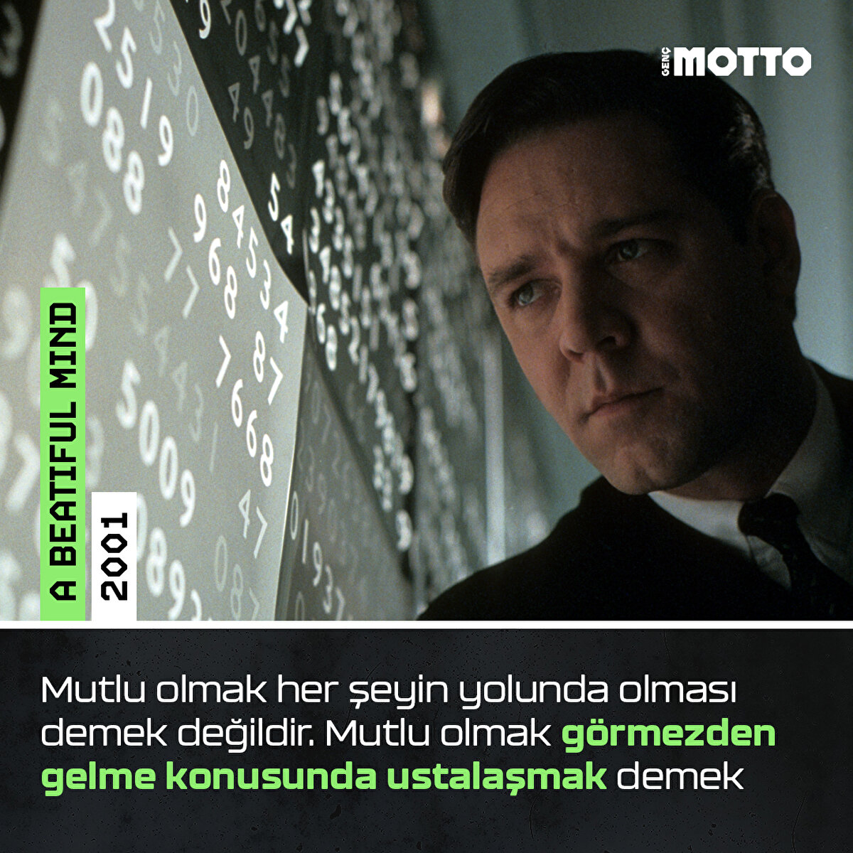 Mutlu olmak her şeyin yolunda olması demek değildir. Mutlu olmak görmezden gelme konusunda ustalaşmak demek

A Beatiful Mind (2001)
