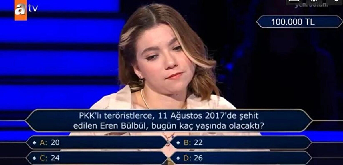 Şıklar karşısında yarışmacı "O yüzden yaşının 22 olduğunu düşünüyorum ama şıkların da bu kadar yakın olması kafamı karıştırıyor." ifadelerini kullandı. <br><br>