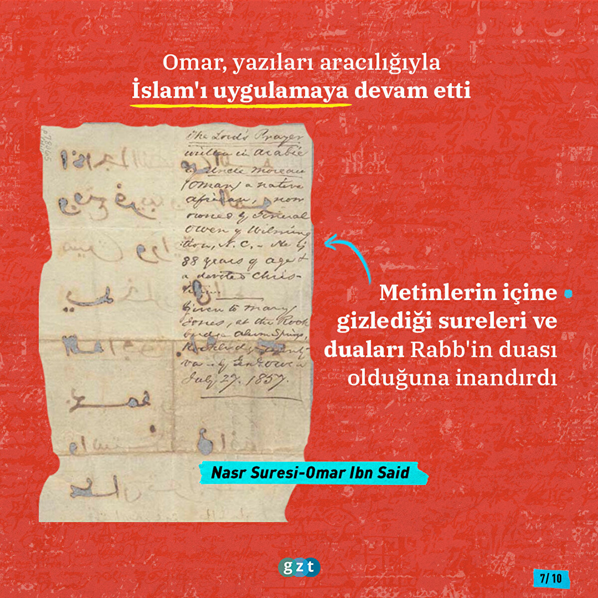 Said'in Müslüman dini yazılarını gizlemek için Arapça kullanmasına mümkün kılan güç İslami eğitimiydi. Pek çok beyaz onun din değiştirmesine övgülerini dile getirdi. Said, Arapça yazabilme yeteneği gibi kültürel farklılıklarının veçhelerinin etrafındaki beyaz insanlar için ilginç olduğunu anlamış olsa da, İslami dini uygulamalarını aynı insanlara sergileme konusunda kendini güvende veya rahat hissetmemiş olabilir. Said'in bir bütün olarak yazıları, bu iki dini nasıl tasavvur ettiği konusunda muğlaktır, ancak her iki dinin de, İslam ve Hıristiyanlığın, ABD'de köleleştirildikten sonra hayatının önemli bir parçası olduğu açıktır.