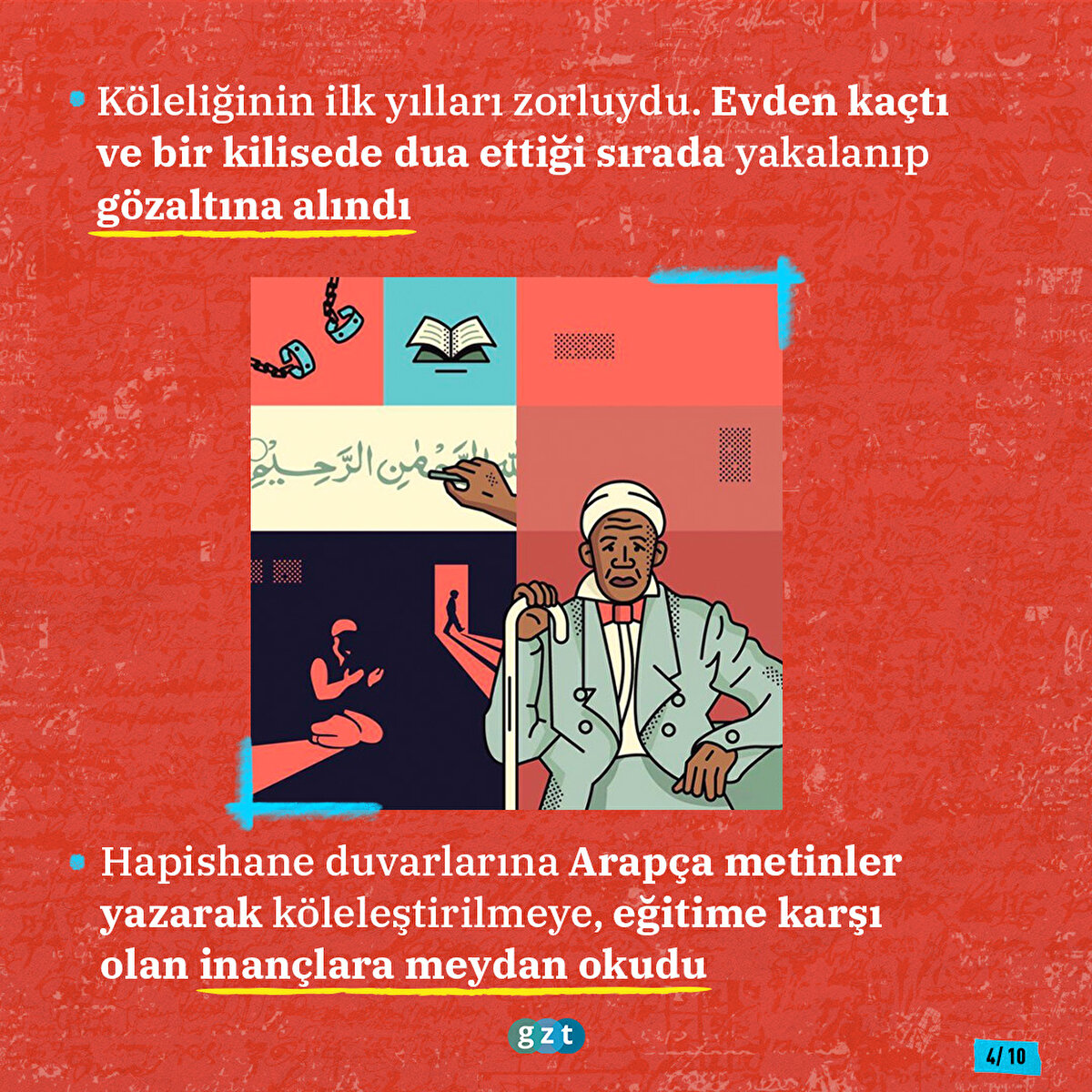 Said, hapishane hücresinin duvarlarına yazdığı beyazların Afrikalıları köleleştirmelerine ve okuma yazma bilmediklerine dair hakim inançlarına meydan okuyan Arapça yazılarıyla ün kazandı.