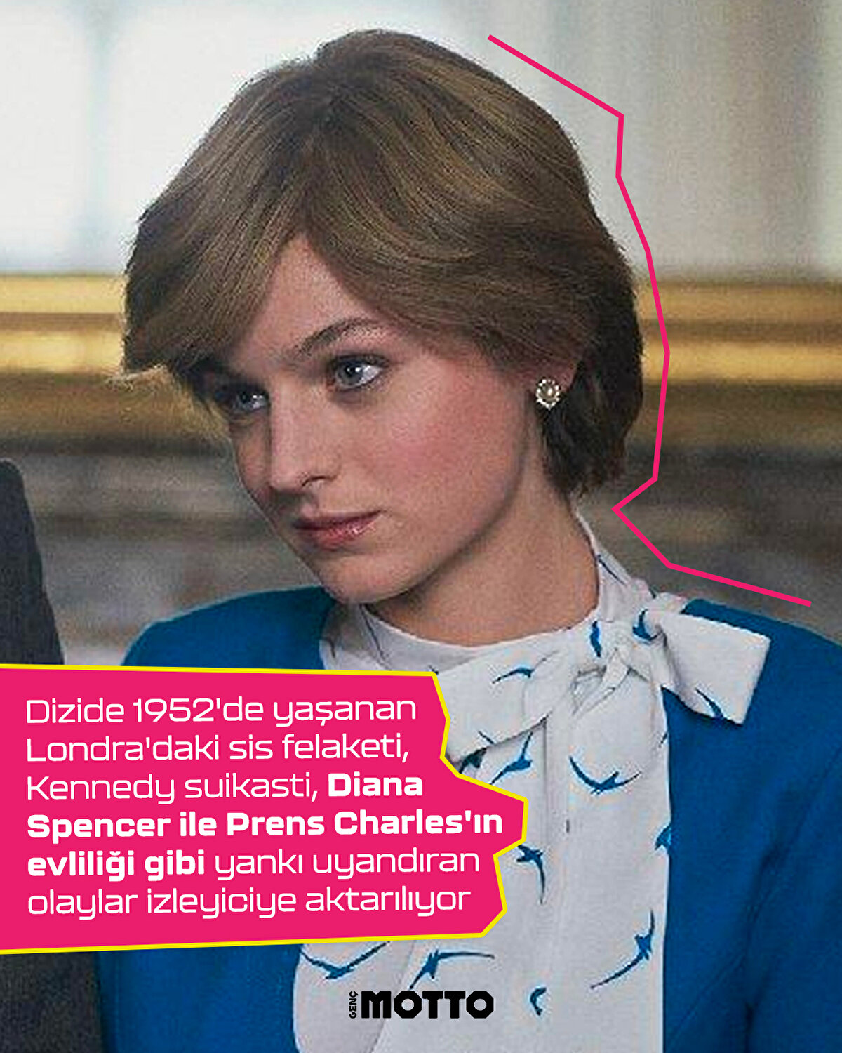 Dizide 1952'de yaşanan Londra'daki sis felaketi, Kennedy suikasti, Diana Spencer ile Prens Charles'ın evliliği gibi yankı uyandıran olaylar izleyiciye aktarılıyor