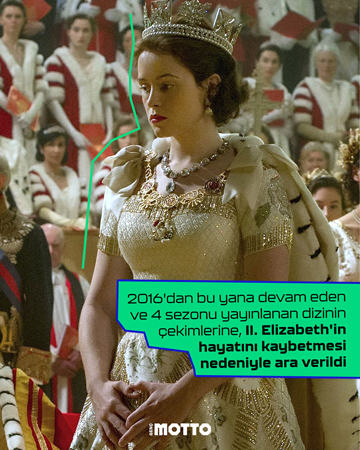 2016'dan bu yana devam eden ve 4 sezonu yayınlanan dizinin çekimlerine, II. Elizabeth'in hayatını kaybetmesi nedeniyle ara verildi
