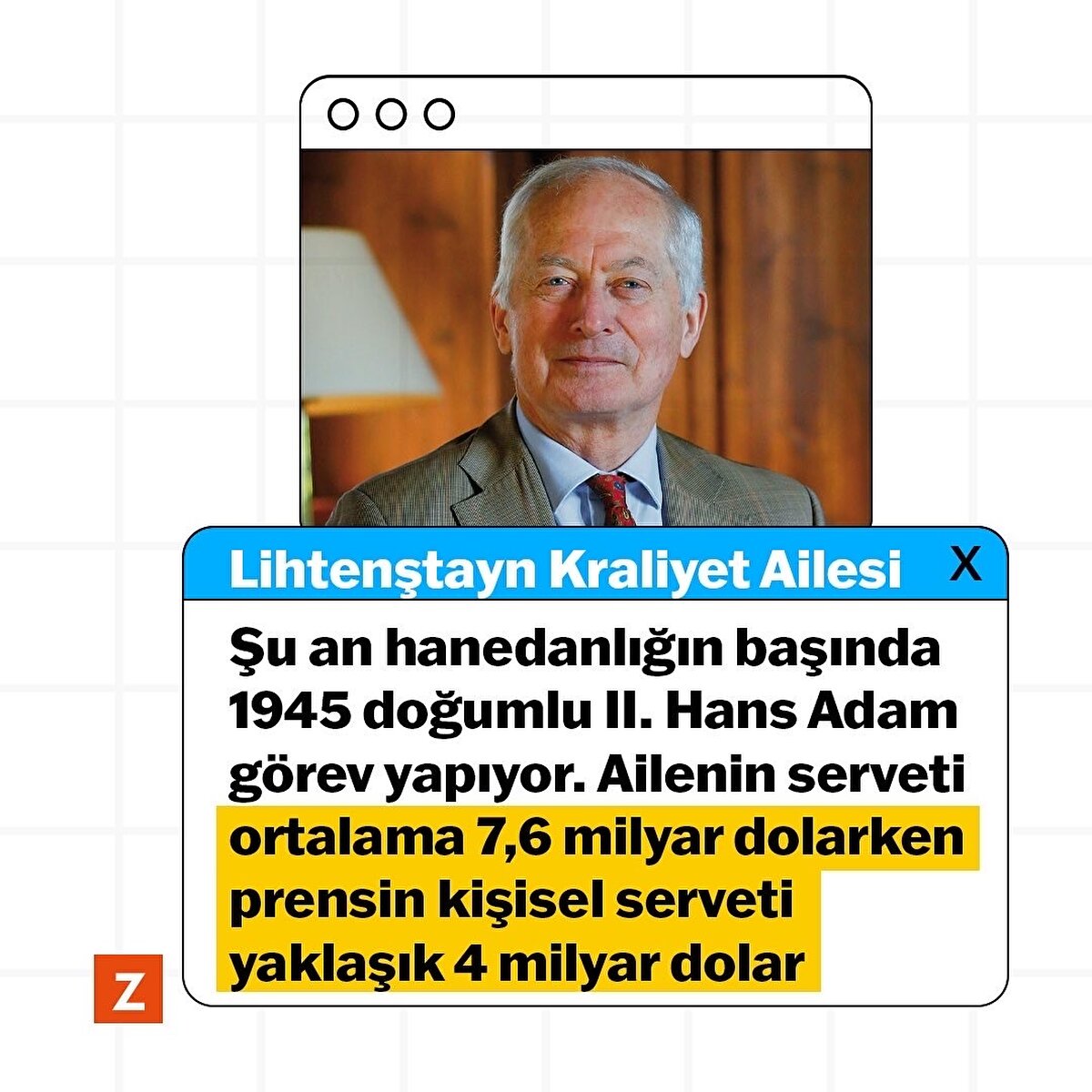 Lihtenştayn Kraliyet Ailesi
Şu an hanedanlığın başında 1945 doğumlu II. Hans Adam görev yapıyor. Ailenin serveti ortalama 7,6 milyar dolarken prensin kişisel serveti yaklaşık 4 milyar dolar