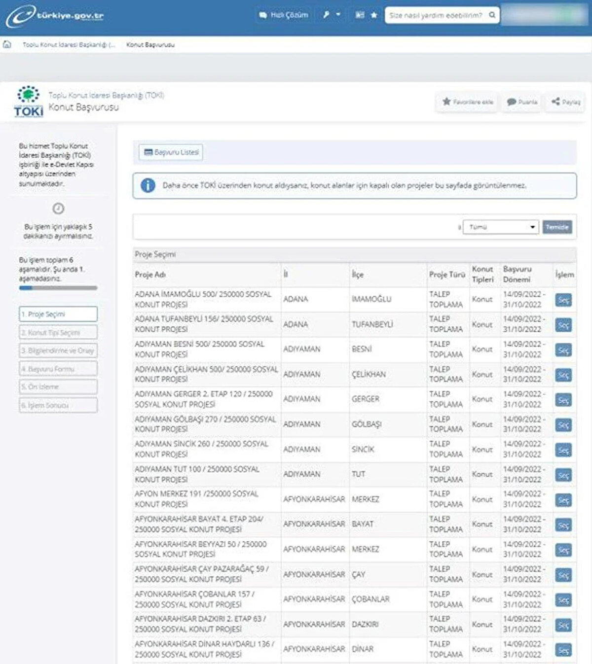 1 AŞAMA<br>Bu sayfada karşınıza şehirlerin alfabetik sırasına göre projeler gelir. Başvurulmak istenen proje seçilir ve sayfanın alt kısmında bulunan "devam et" butonuna tıklanır.