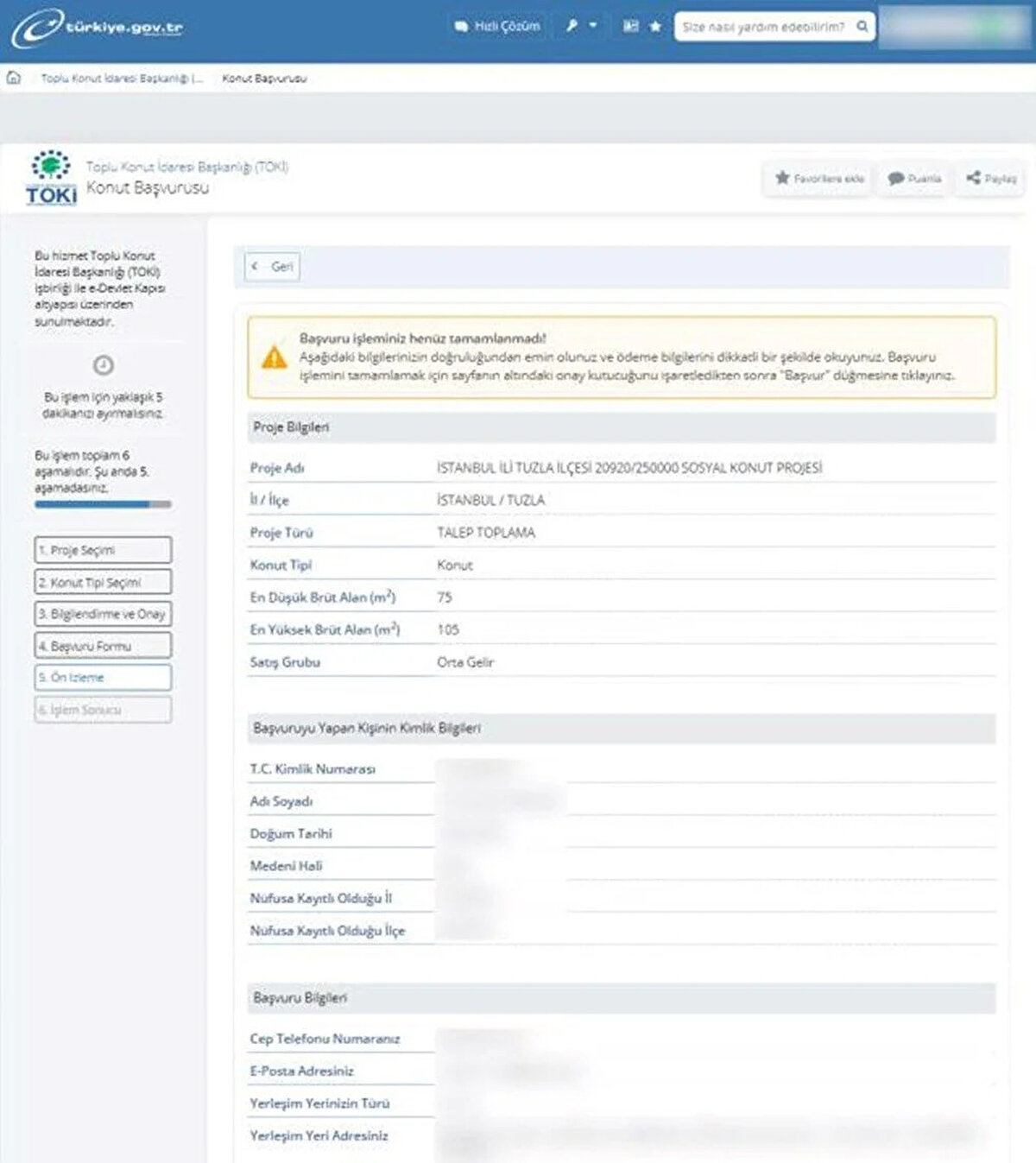 5. AŞAMA<br>Bu aşamada da başvuruya devam edilir. Başvurunun tamamlanabilmesi için, doldurulan formun ön izlemesi başvuran kullanıcıya gösterilir. Formda yer alan verilerde eksik ya da hatalı bilgi var ise, önceki sayfaya dönülerek düzeltilmesi gerekir. Bilgiler eksiksiz ve doğru ise sayfanın alt kısmında önce "başvuru kategorisi" ardından da "devam et" butonu seçilir.