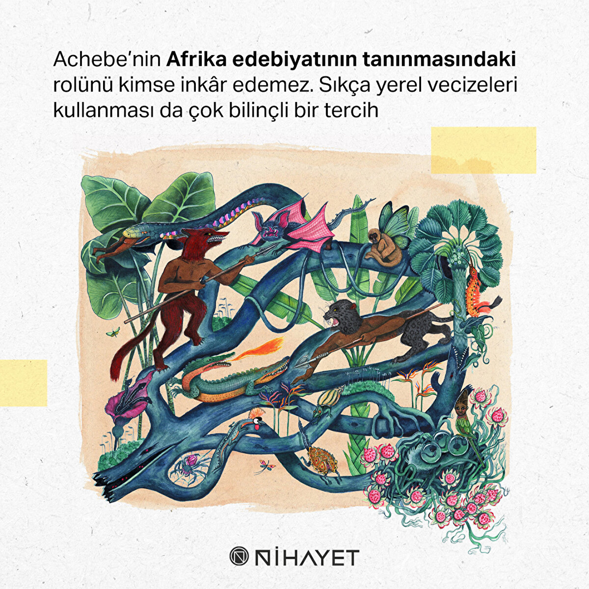 Achebe’nin Afrika edebiyatının tanınmasındaki rolünü kimse inkâr edemez. Sıkça yerel vecizeleri kullanması da çok bilinçli bir tercih