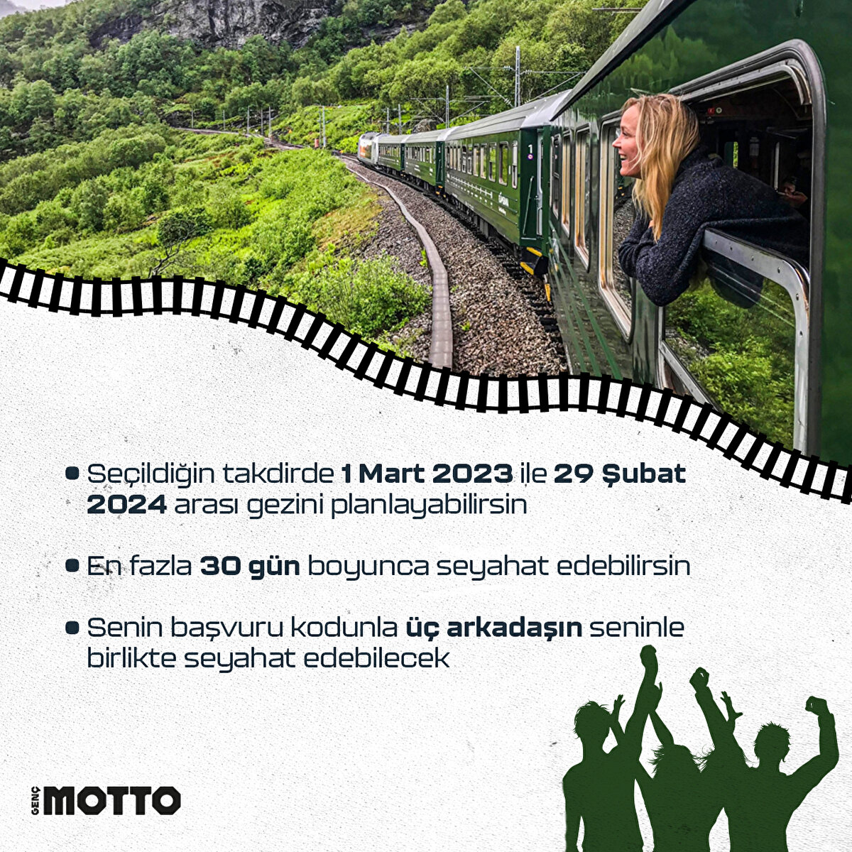 Seçildiğin takdirde 1 Mart 2023 ile 29 Şubat 2024 arası gezini planlayabilirsin. En fazla 30 gün boyunca seyahat edebilirsin. Senin başvuru kodunla üç arkadaşın seninle birlikte seyahat edebilecek
