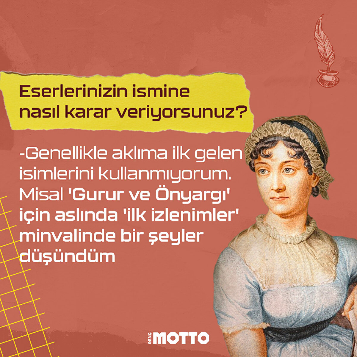 Genellikle aklıma ilk gelen isimlerini kullanmıyorum. 
Misal 'Gurur ve Önyargı' için aslında 'ilk izlenimler' minvalinde bir şeyler düşündüm 
