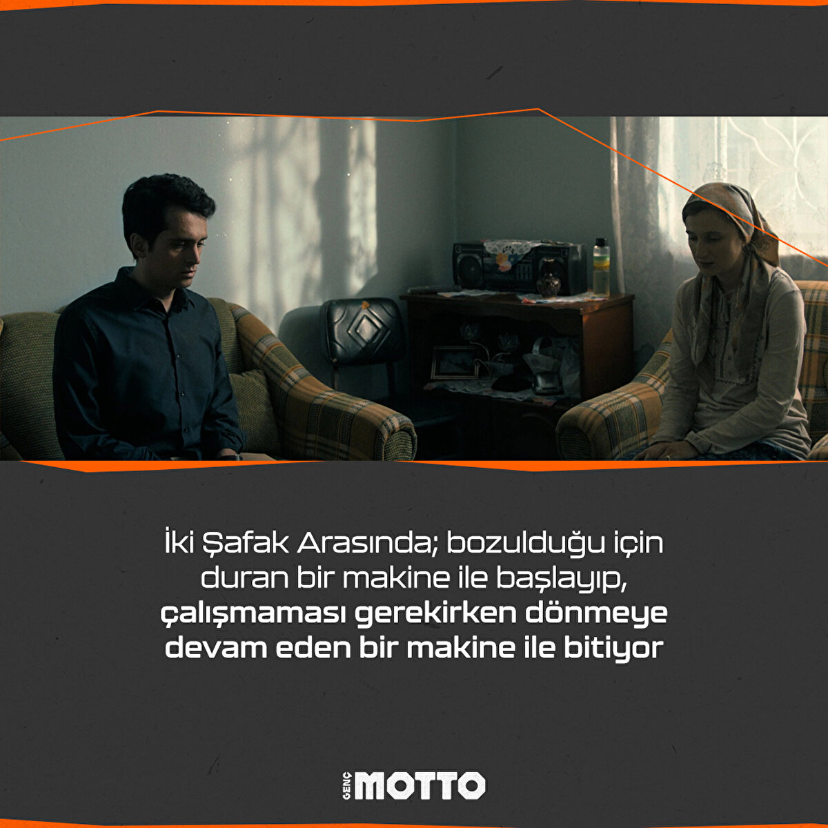 İki Şafak Arasında; bozulduğu için duran bir makine ile başlayıp, çalışmaması gerekirken dönmeye devam eden bir makine ile bitiyor