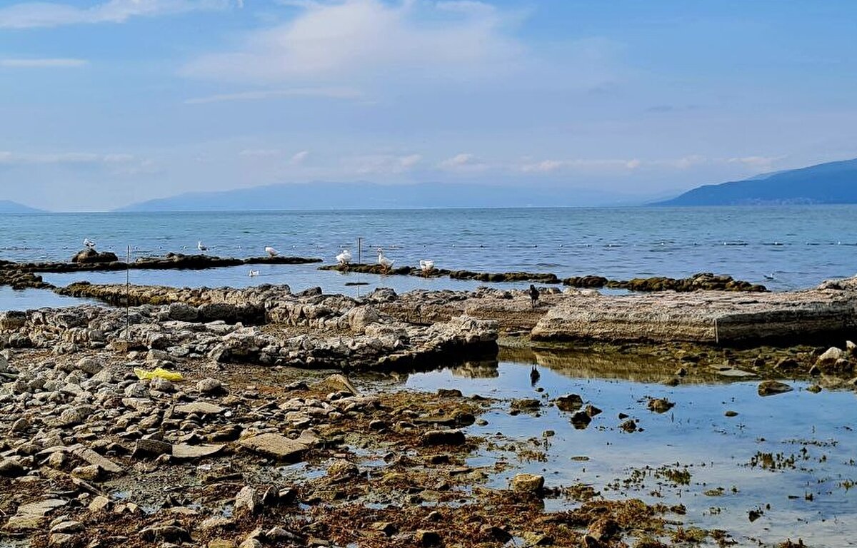 İznik Gölü'nde 8 yıl önce 2 metre derinlikte keşfedilen bin 500 yıllık bazilika kuraklıkla birlikte su yüzeyine çıktı.