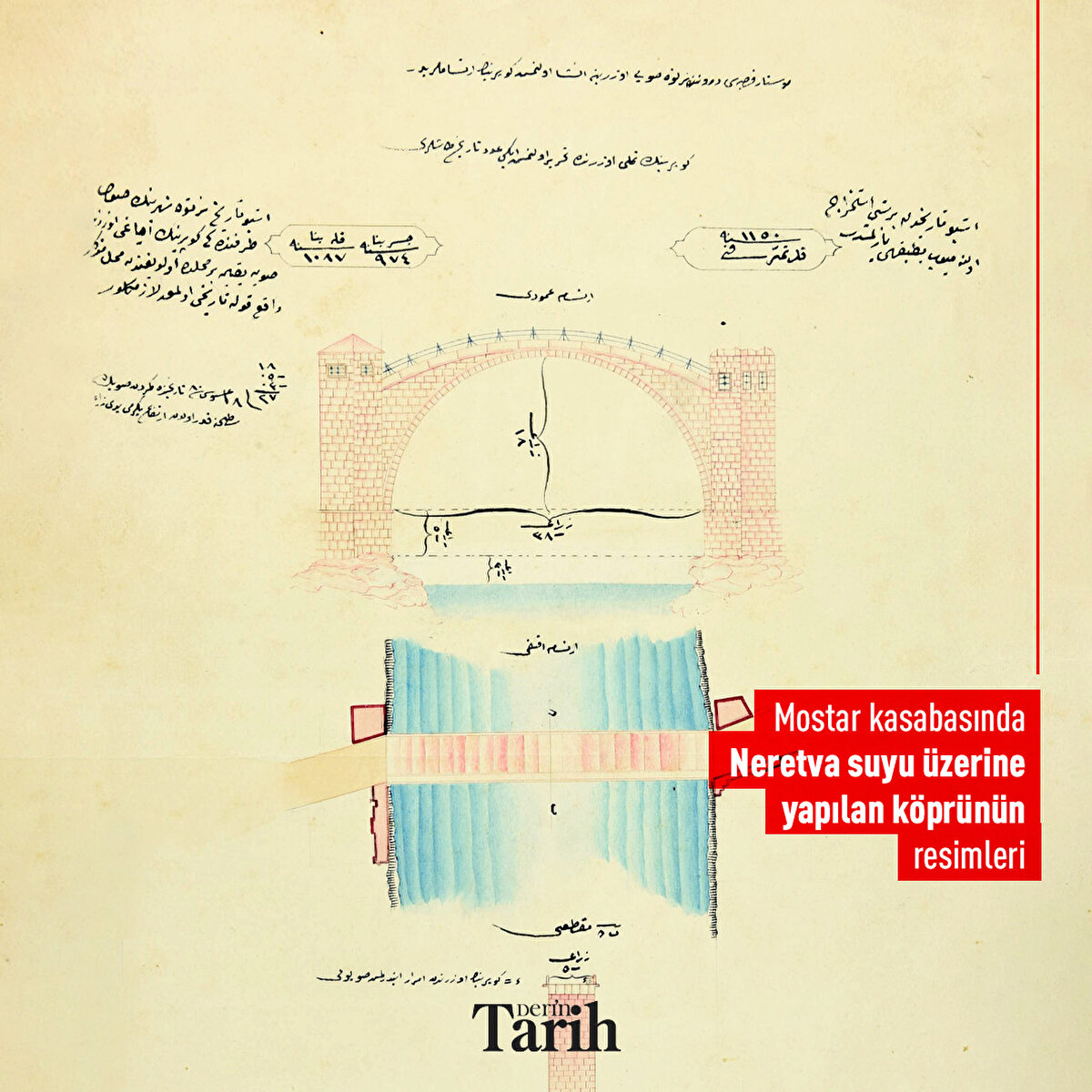 Mostar kasabasında Neretva suyu &#252;zerine yapılan k&#246;pr&#252;n&#252;n resimleri