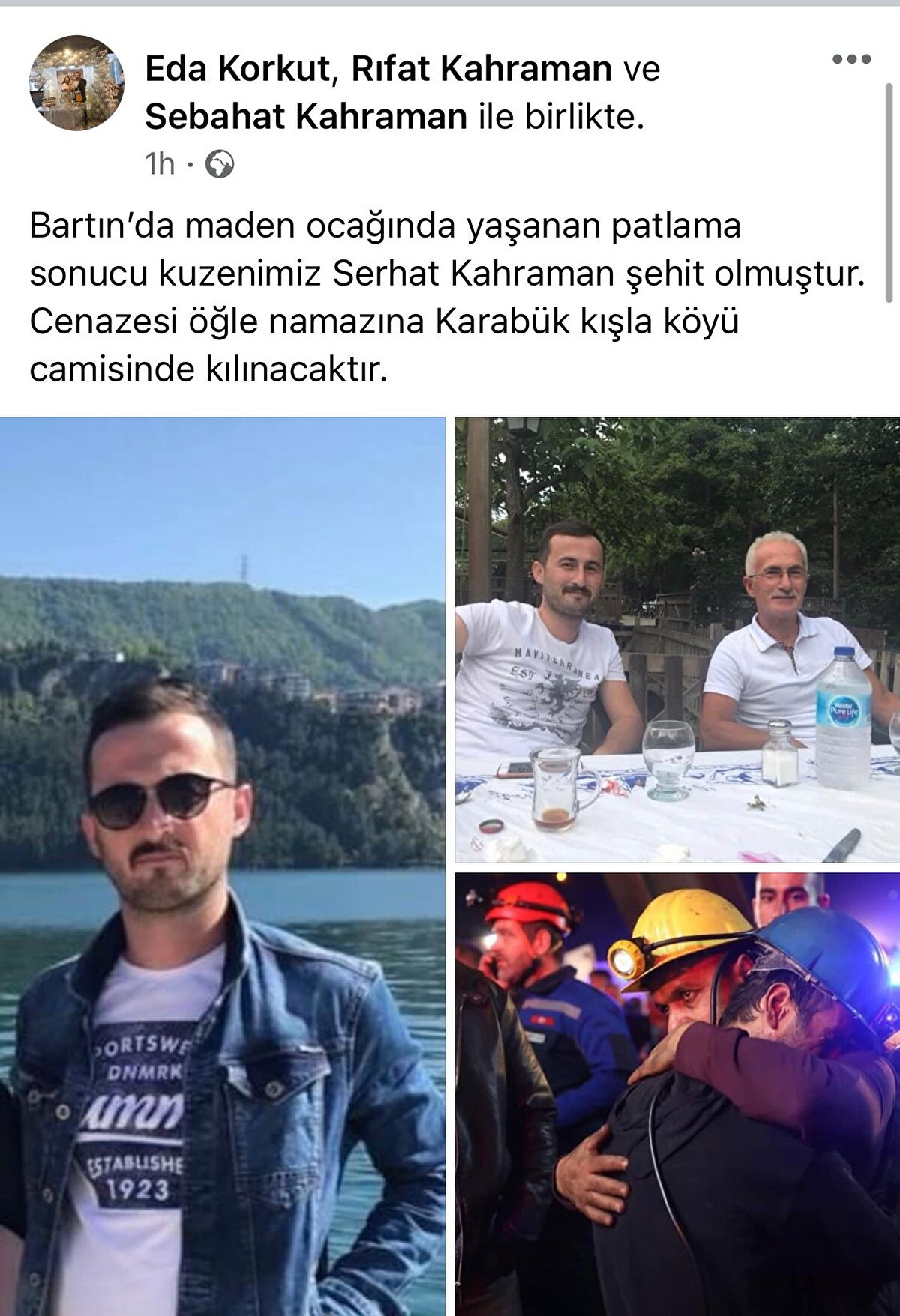 Serhat Kahraman’ın kuzeni Rıfat Kahraman ise “Bartın’da maden ocağında yaşanan patlama sonucu kuzenimiz Serhat Kahraman şehit olmuştur. Cenazesi öğle namazına Karabük Kışla Köyü camisinde kılınacaktır” paylaşımı yaptı.<br>