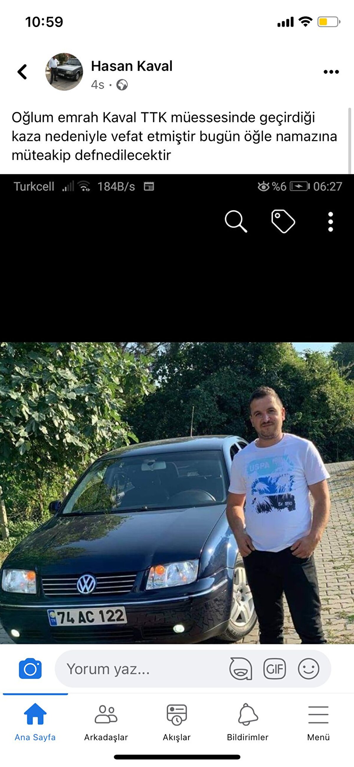 “Oğlum Emrah Kaval TTK müessesinde geçirdiği kaza nedeniyle vefat etmiştir. Bugün öğle namazına müteakip defnedilecektir.”<br><br>