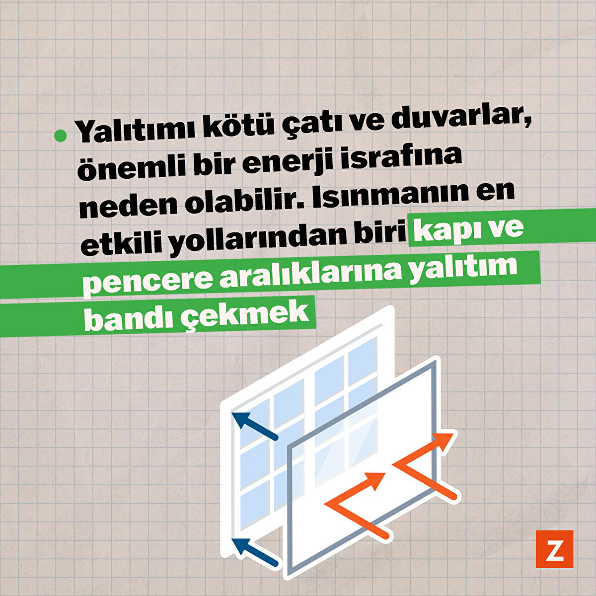Yalıtımı kötü çatı ve duvarlar, önemli bir enerji israfına nedeni olabilir. Isınmanın en etkili yollarından biri kapı ve pencere aralıklarına yalıtım bandı çekmek. Pencerelerin etrafına kolayca yapıştırılan hava geçirmez şeritler, önemli ölçüde tasarruf etmenizi sağlayabilir. Pencerelerin çift cam olması da uzun vadede tasarrufa katkı sunar