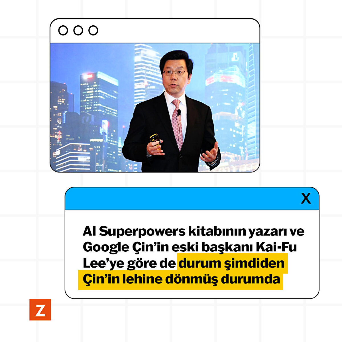 AI Superpowers kitabının yazarı ve Google Çin’in eski başkanı Kai-Fu Lee’ye göre de durum şimdiden Çin’in lehine dönmüş durumda