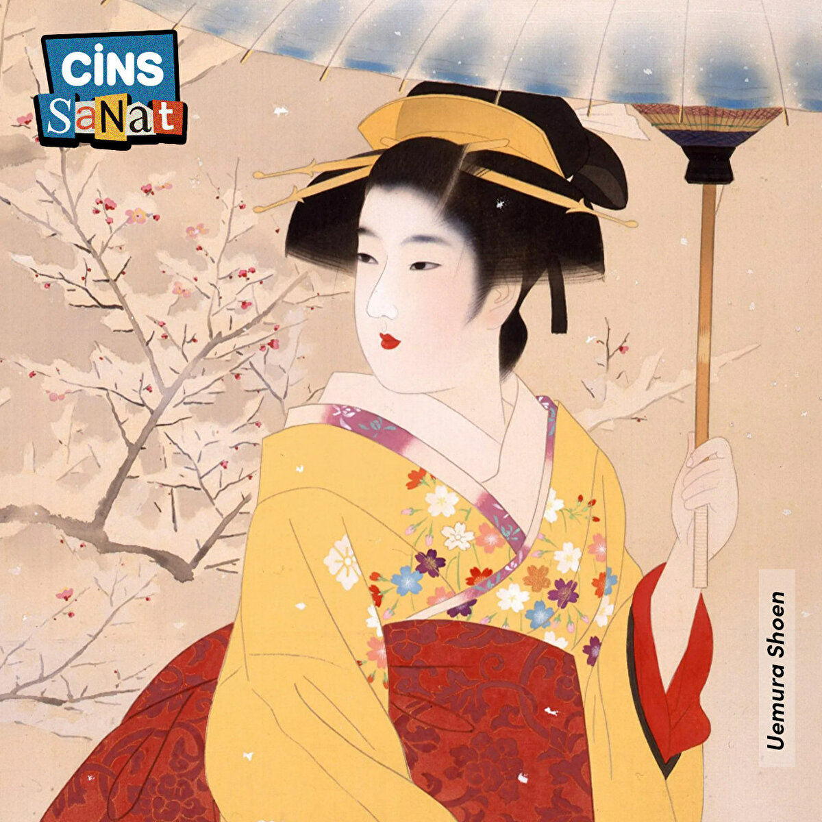 Kiraz çiçekleri ve karlar arasında bir kadın