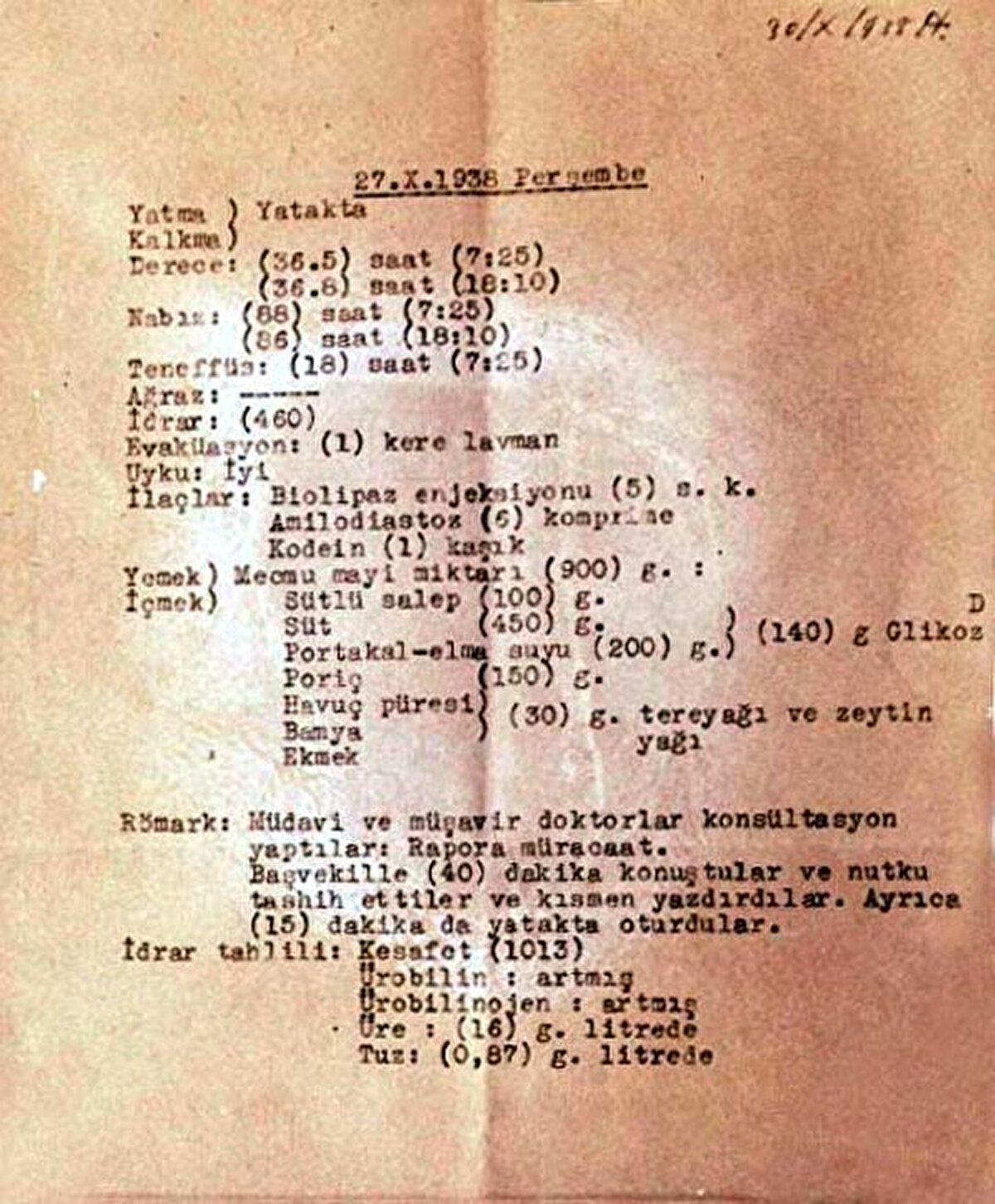 Atatürk’ün 27 Ekim 1938’deki sağlık durumu, yediği yemekler ve o günkü faaliyetleri.<br>