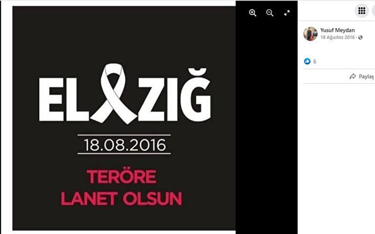 TERÖRE LANET PAYLAŞIMI YAPMIŞ<br><br>Bu arada, Yusuf Meydan’nın 2016’da Elazığ Emniyet Müdürlüğü’ne bomba yüklü araçla düzenlenen saldırı sonrası sosyal medya hesabından “Teröre lanet olsun” paylaşımı yaptığı görüldü.