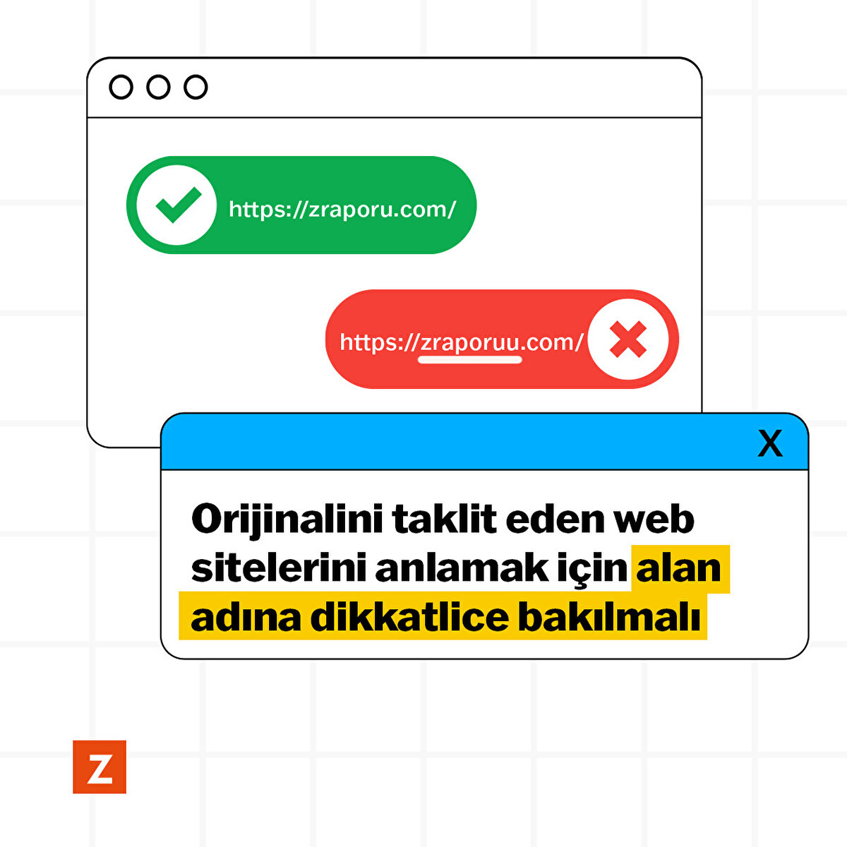 Orijinalini taklit eden web sitelerini anlamak için alan adına dikkatlice bakılmalı.