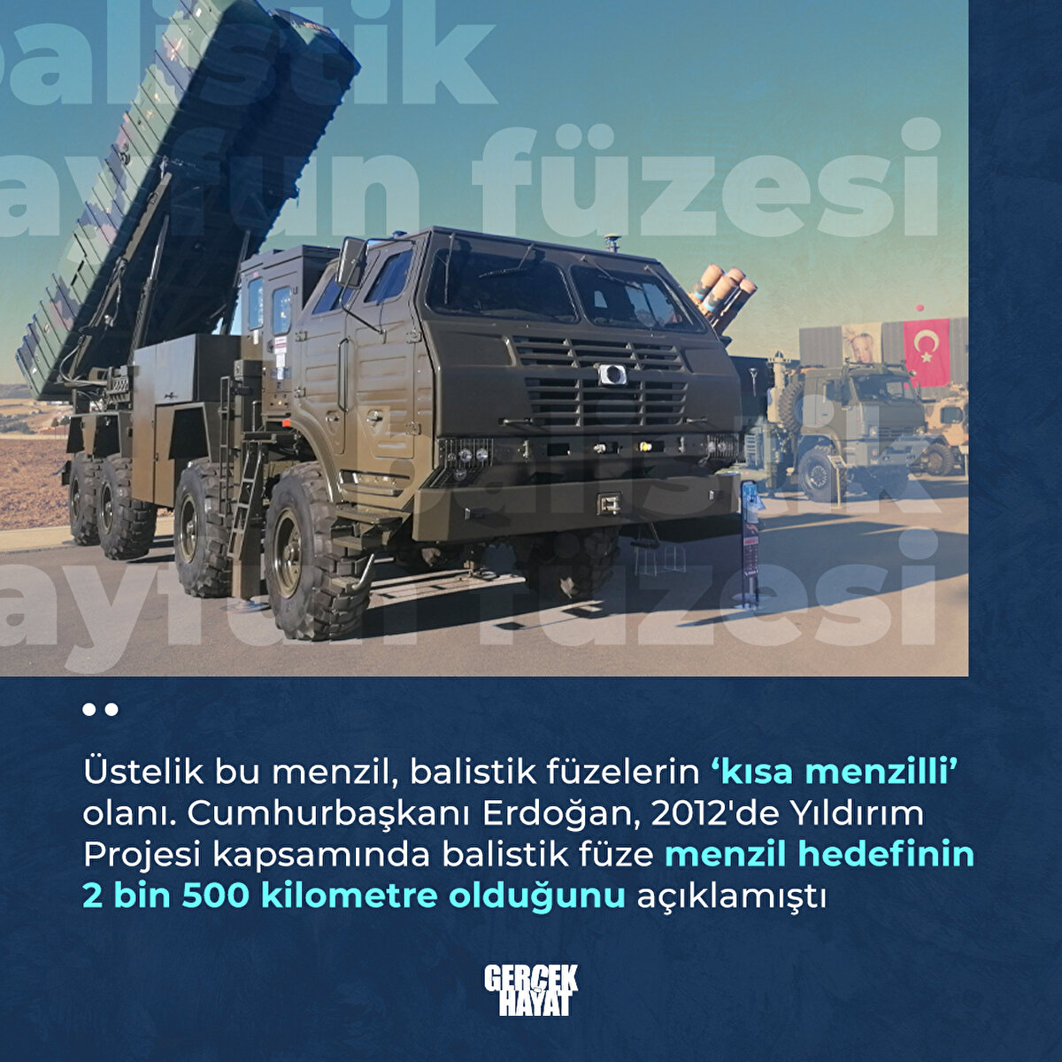 Cumhurbaşkanı Erdoğan, Yıldırım Projesi kapsamında balistik füze menzil hedefinin 2 bin 500 kilometre olduğunu açıklamıştı