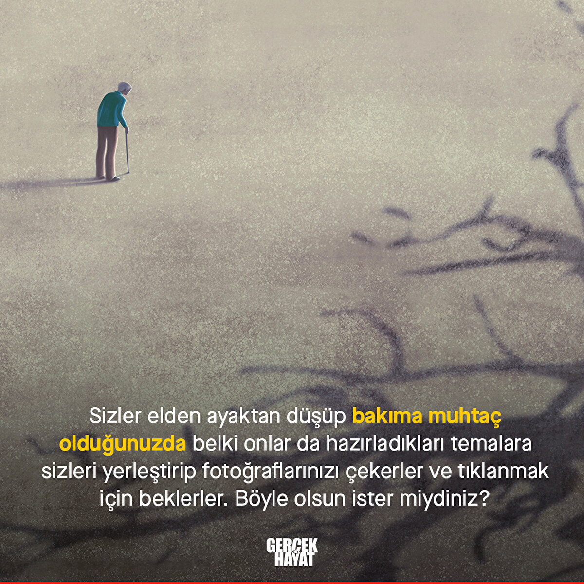 Sizler elden ayaktan düşüp bakıma muhtaç olduğunuzda belki onlar da hazırladıkları temalara sizleri yerleştirip fotoğraflarınızı çekerler ve tıklanmak için beklerler