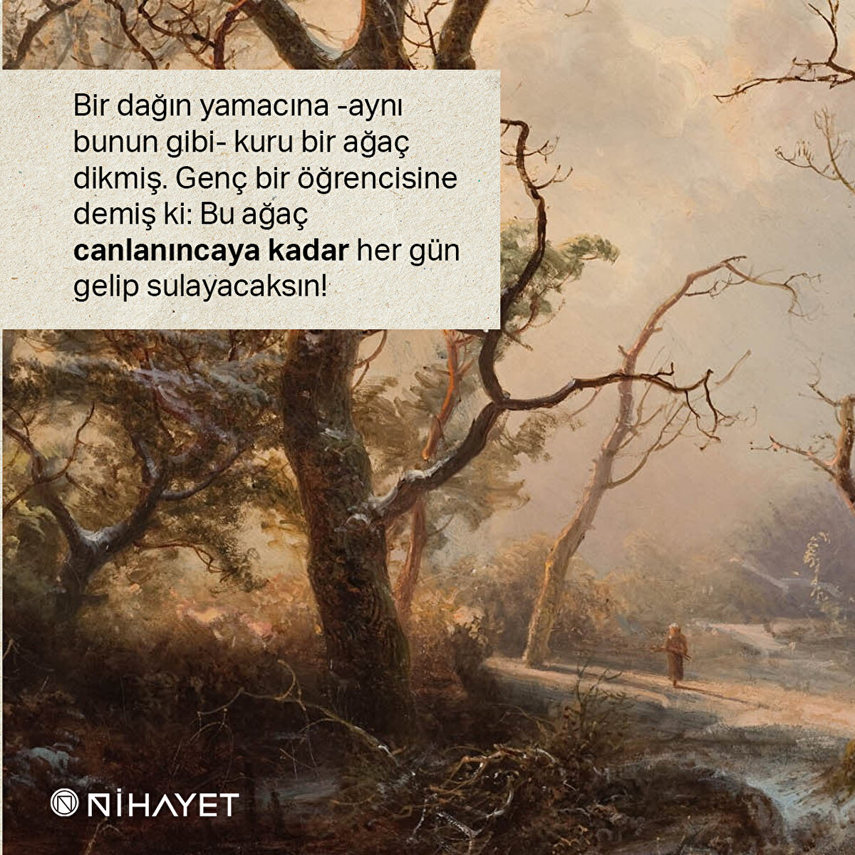Bir dağın yamacına -aynı bunun gibi- kuru bir ağaç dikmiş. Genç bir öğrencisine demiş ki: Bu ağaç canlanıncaya kadar her gün gelip sulayacaksın!