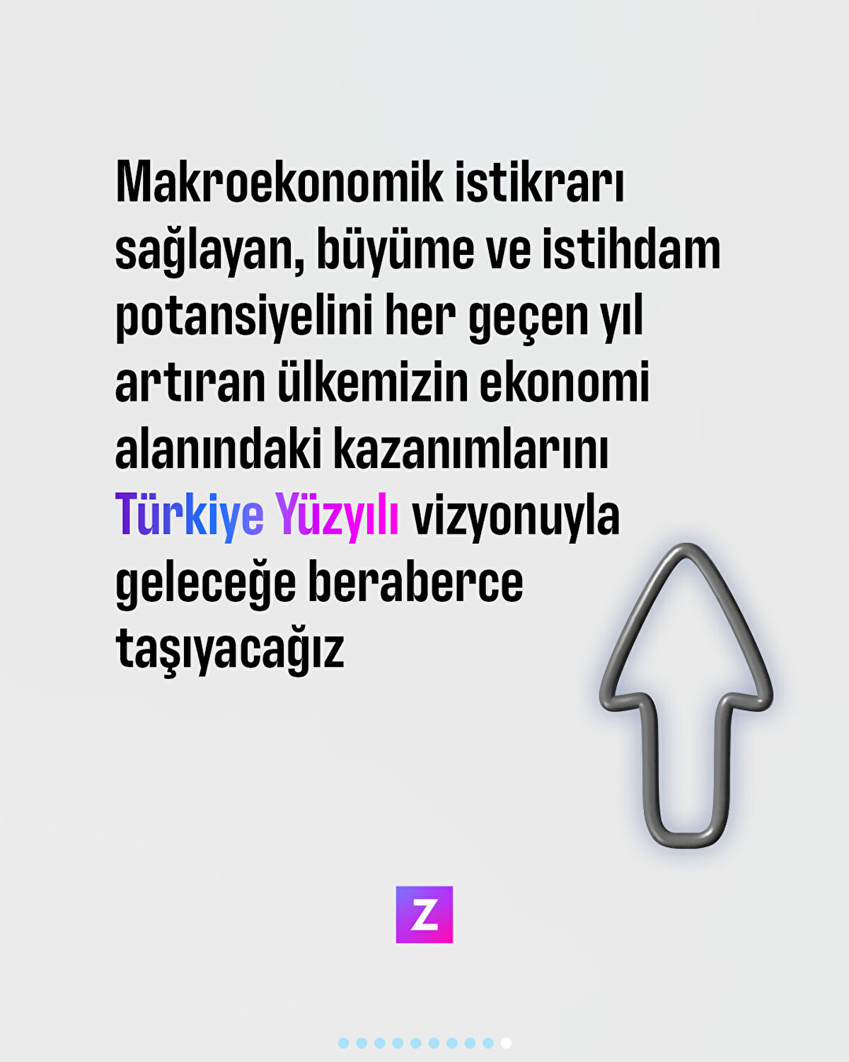 Makroekonomik
istikrarı sağlayan, büyüme ve
istihdam potansiyelini her geçen yıl
artıran ülkemizin ekonomi alanındaki
kazanımlarını Türkiye Yüzyılı
vizyonuyla geleceğe beraberce
taşıyacağız