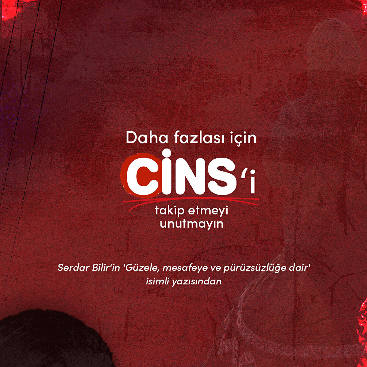 Daha fazlası için Cins'i takip etmeyi unutmayın

Serdar Bilir'in 'Güzele, mesafeye ve pürüzsüzlüğe dair' isimli yazısından 