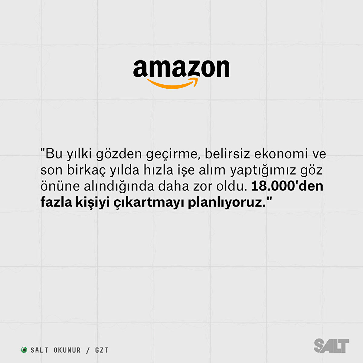 AMAZON:

"Bu yılki gözden geçirme, belirsiz ekonomi ve son birkaç yılda hızla işe alım yaptığımız göz önüne alındığında daha zor oldu.  18.000'den fazla kişiyi çıkartmayı planlıyoruz."