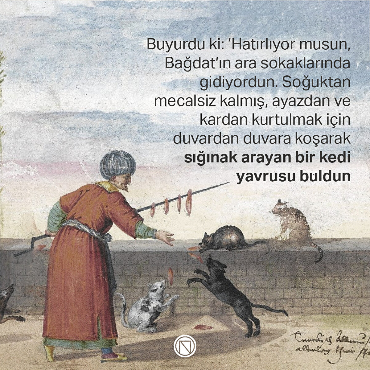 Buyurdu ki: ‘Hatırlıyor musun, Bağdat’ın ara sokaklarında gidiyordun. Soğuktan mecalsiz kalmış, ayazdan ve kardan kurtulmak için duvardan duvara koşarak sığınak arayan bir kedi yavrusu buldun
