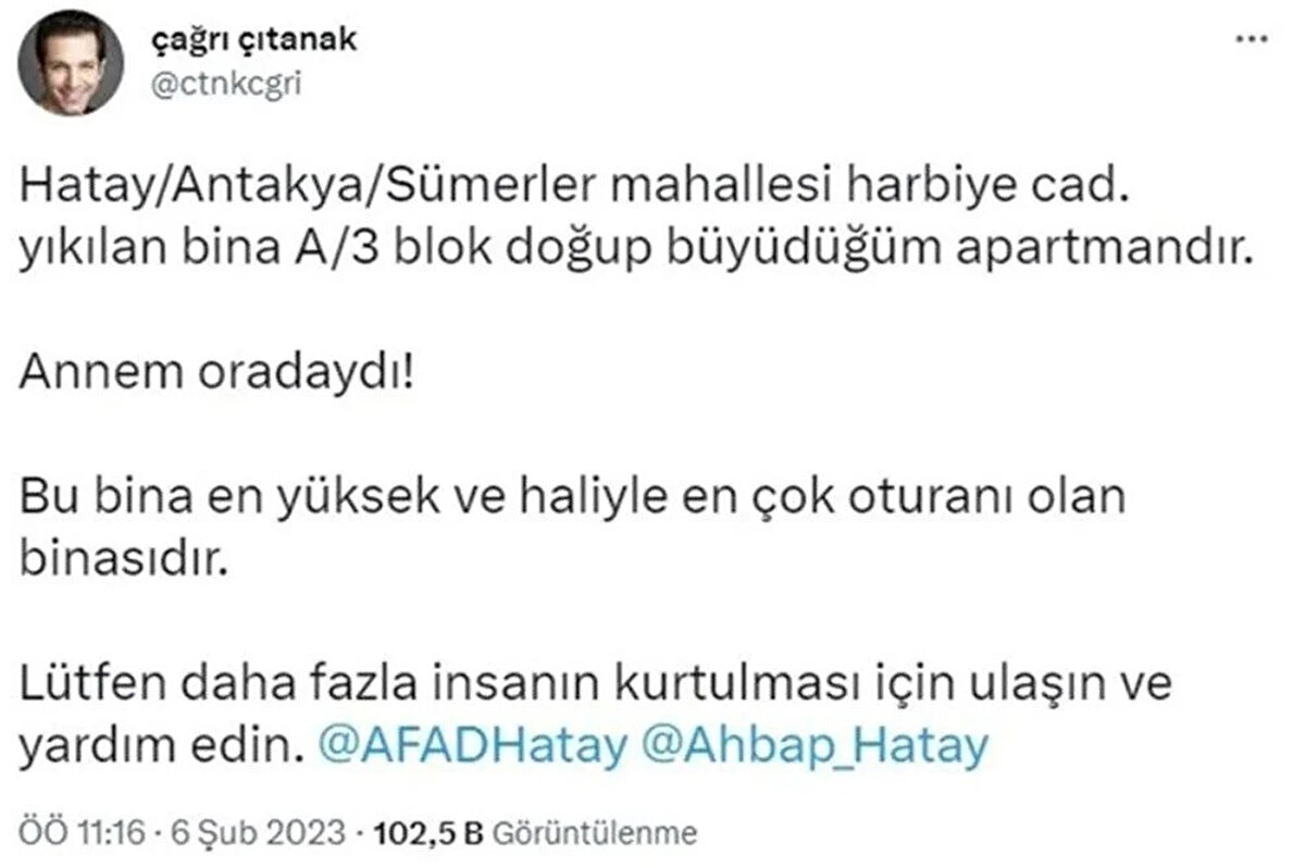 ÜNLÜ OYUNCU DA ANNESİ İÇİN YARDIM İSTEDİ<br>Öte yandan oyuncu Çağrı Çıtanak da Hatay'daki annesinin enkaz altında kaldığını söyleyerek yardım istedi.