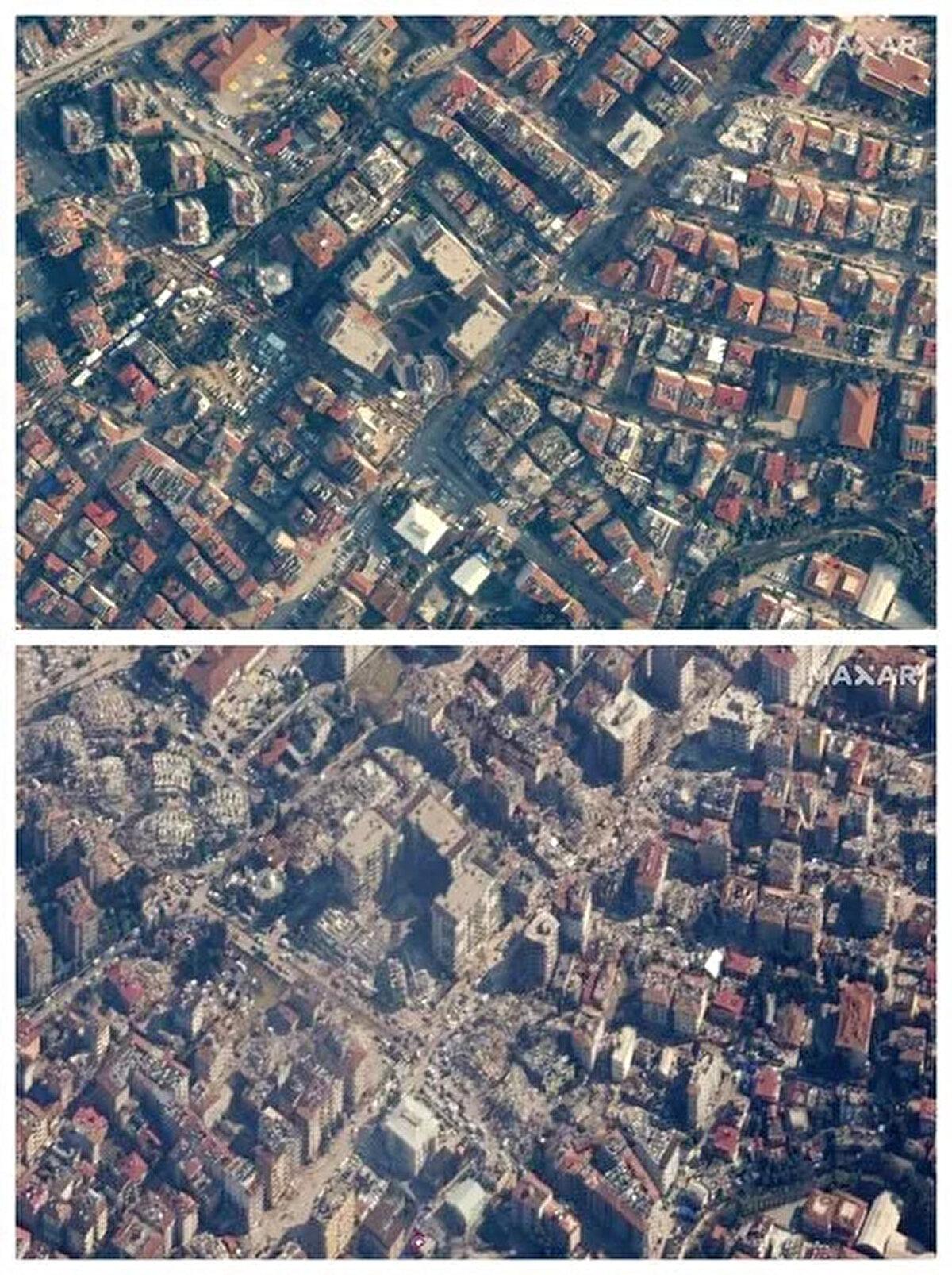 ABD’li uydu şirketi Maxar, Kahramanmaraş merkezli 7,7 ve 7,6 büyüklüğündeki iki depremden etkilenen çeşitli şehirlerin yeni uydu görüntülerini yayınladı. Uydu görüntüleri, depremin yıkım gücünü net şekilde ortaya koyuyor.<br>