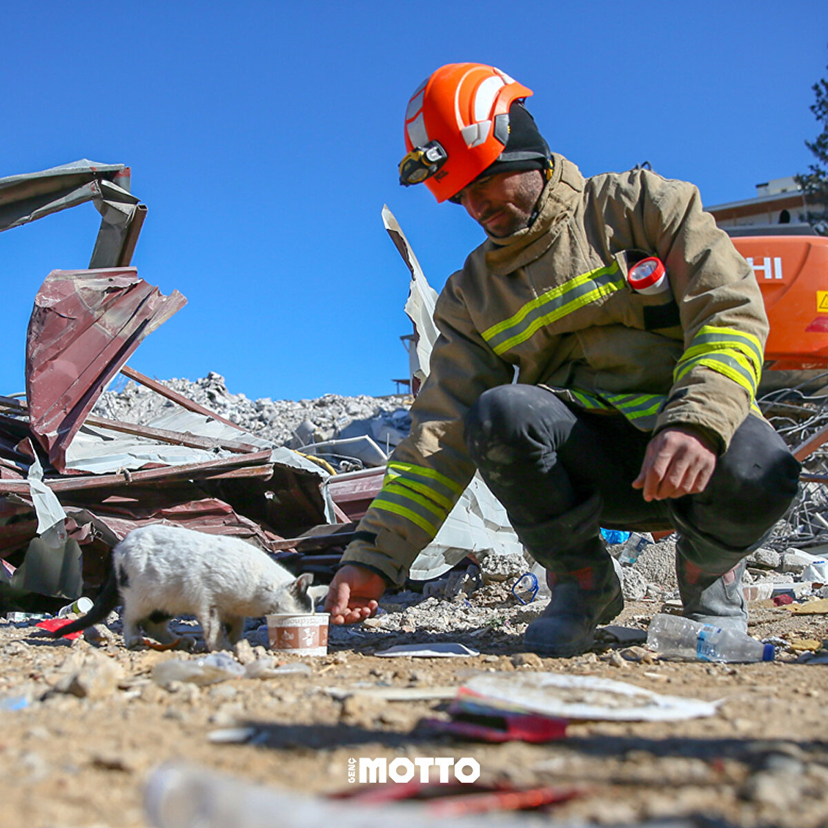 <br>Mardin Büyükşehir Belediyesi itfaiye ekibinden 33 yaşındaki Ali Çakas, dinlenmeye geçtiği anlarda kediyle yakından ilgileniyor
