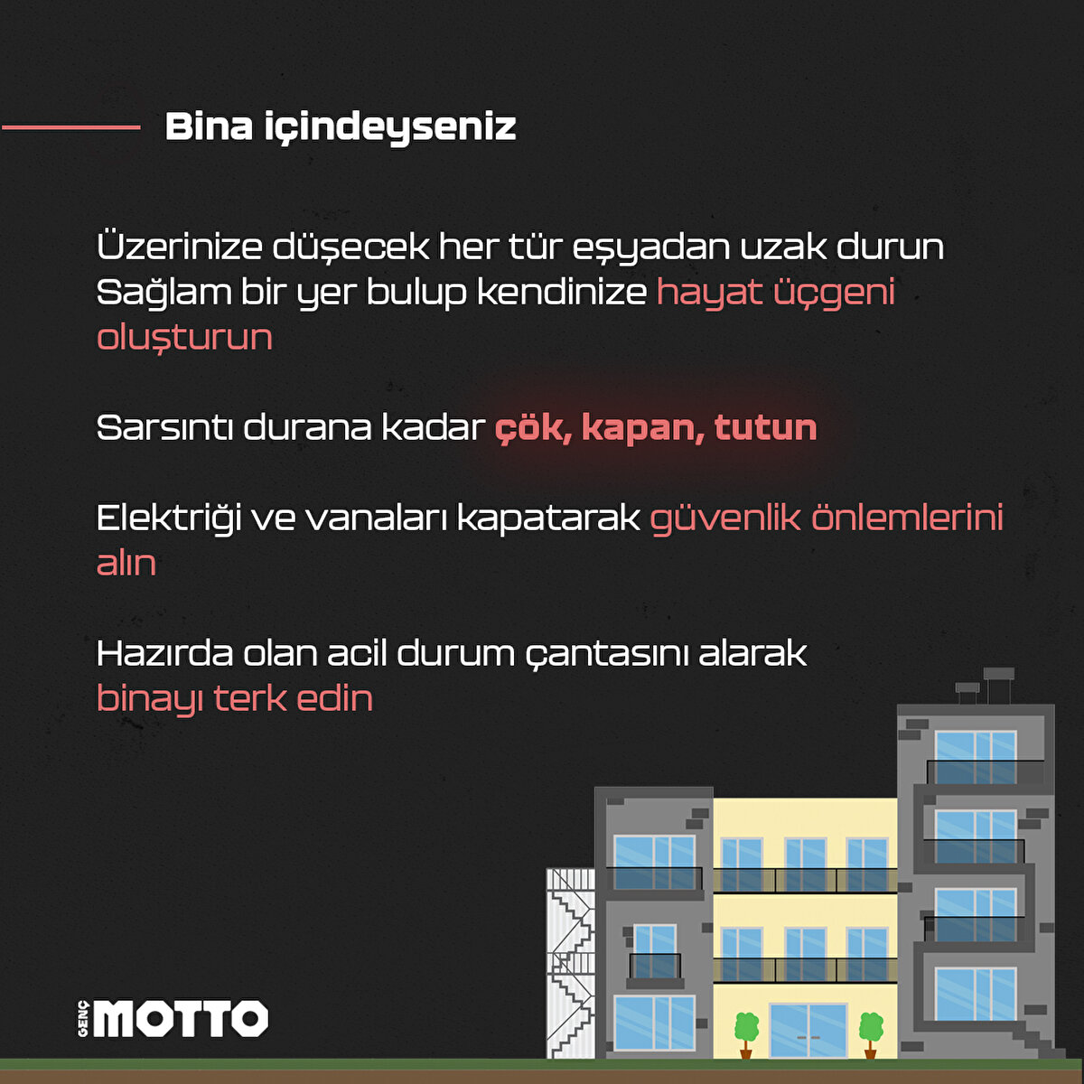 Bina içindeyseniz- Üzerinize düşecek her tür eşyadan uzak durun- Sağlam bir yer bulup kendinize hayat üçgeni oluşturun- Sarsıntı durana kadar çök, kapan, tutun- Elektriği ve vanaları kapatarak güvenlik önlemlerini alın- Hazırda olan acil durum çantasını alarak binayı terk edin