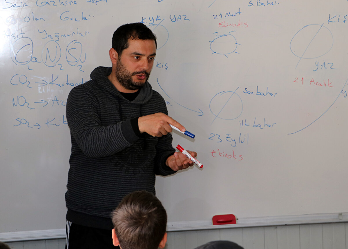 Kahramanmaraş'ta 6 Şubat'ta meydana gelen depremlerin vurduğu Hatay'da, afetzedelerin yaralarının sarılması için çabalar sürüyor. Birçok binanın yıkıldığı Samandağ ilçesinde görevli öğretmen çift de gönüllü olup, eğitimi yarıda kalan öğrenciler için kolları sıvadı. Sibel-Erhan Gümüş çifti, yardımseverlerden gelen konteyneri sınıfa çevirip, lise giriş sınavına hazırlanan öğrencilere ders vermeye başladı. Toplam 8 öğretmenin ders anlattığı konteyner sınıfta birçok öğrenci, sınav için gayret sarf ediyor.