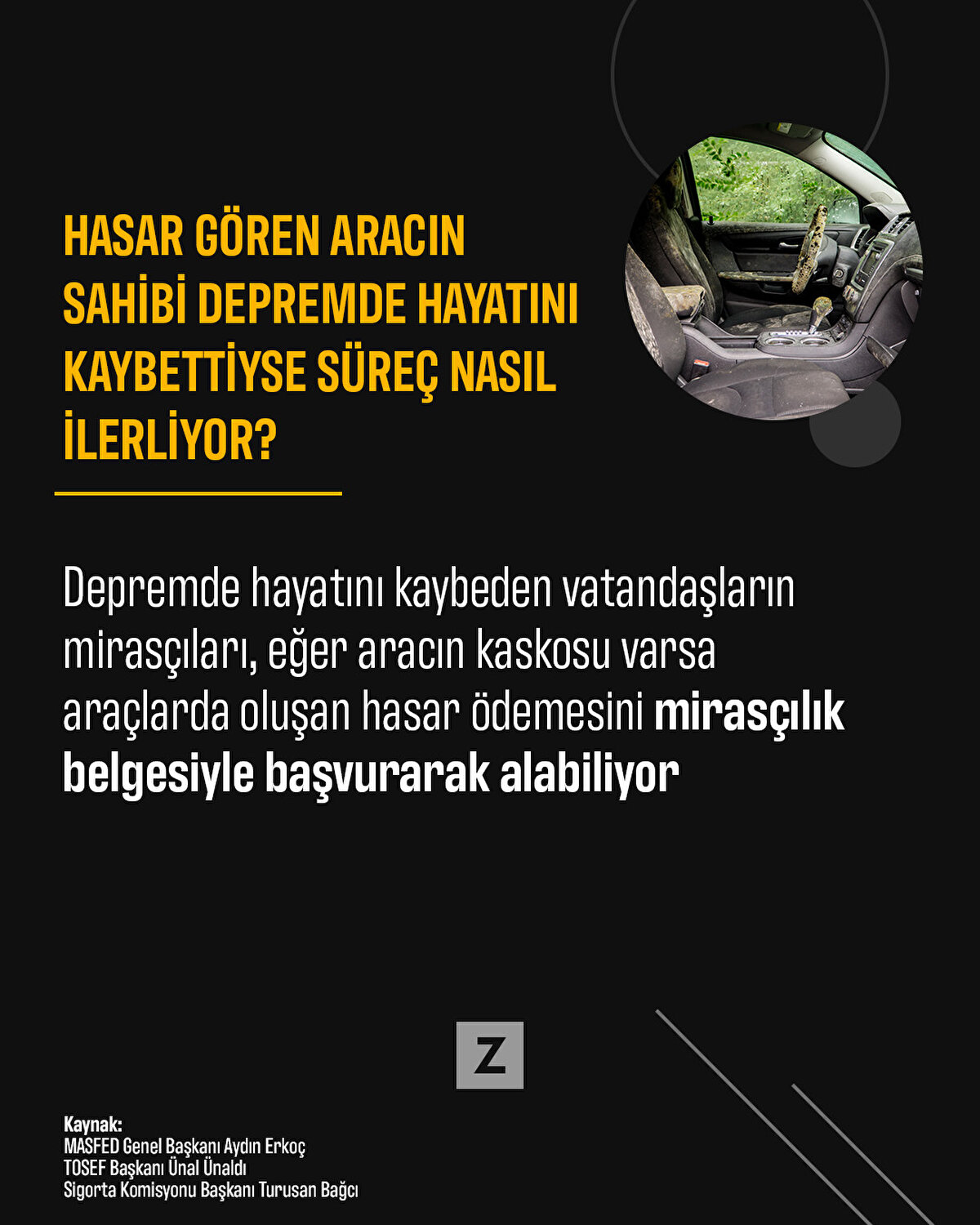 Depremde hayatını kaybeden vatandaşların mirasçıları, eğer aracın kaskosu varsa araçlarda oluşan hasarı mirasçılık belgesiyle başvurarak alabiliyor