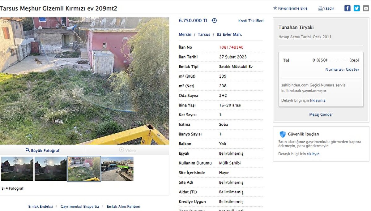 İlan detayında ayrıca "Ciddi olanlar arayabilir, pazarlık yoktur. Bilgi için internetten araştırma yapabilirsiniz. Saygılarımla. Zaman olarak deprem, müşteri portföyü olarak da depremzedelerle alakası yoktur, taliplisine satılıktır" ifadesi dikkat çekti.<br>Evi alım-satım sitesinde ilana koyan Tunahan Tiryaki, bugüne kadar herhangi bir alıcı tarafından ciddi teklif yapılmadığını kaydetti.