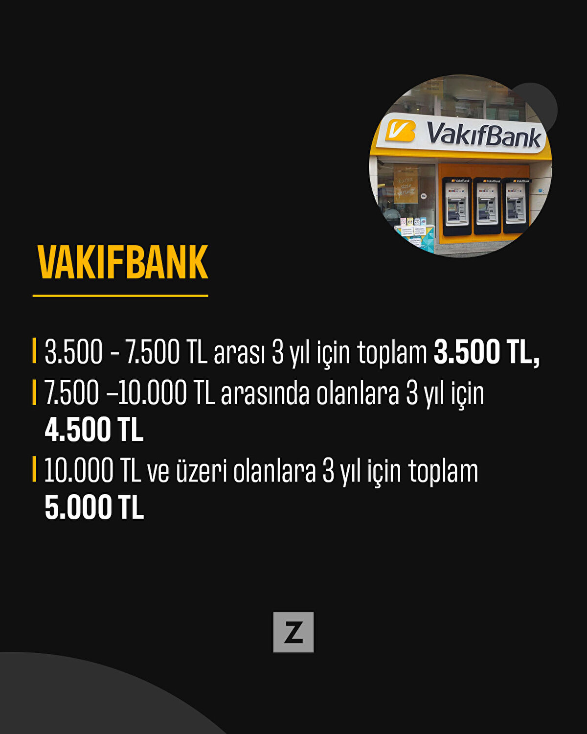 Emekli maaşını Vakıfbank aracılığıyla alan emeklilere banka;

1 (bir) aya isabet eden emekli maaşı tutarı;

3.500 TL ye (3.500 TL hariç) kadar olanlara 3 yıl için toplam 3.000 TL,

3.500 - 7.500 TL (7.500 TL hariç) arasında olanlara 3 yıl için toplam 3.500 TL,

7.500 –10.000 TL (10.000 TL hariç) arasında olanlara 3 yıl için 4.500 TL,

10.000 TL ve üzeri olanlara 3 yıl için toplam 5.000 TL 3 (üç) yıllık süre için peşin ve nakdi olarak promosyon ödemesi yapılacak