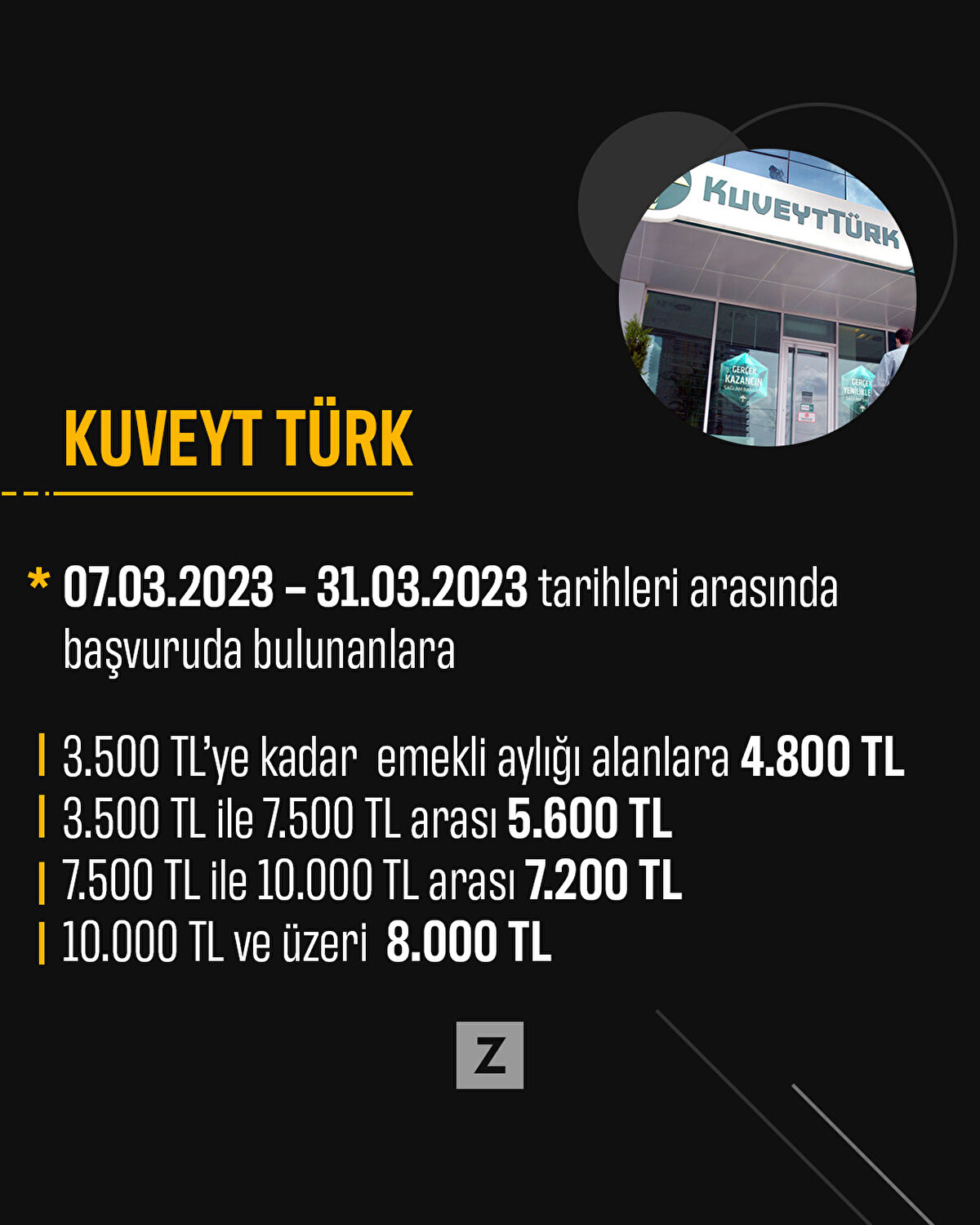 Kuveyt Türk

*07.03.2023 – 31.03.2023 tarihleri arasında başvuruda bulunanlara

-3.500 TL’ye kadar  emekli aylığı alanlara 4.800 TL
-3.500 TL ile 7.500 TL arası 5.600 TL
-7.500 TL ile 10.000 TL arası 7.200 TL
-10.000 TL ve üzeri  8.000 TL 
 