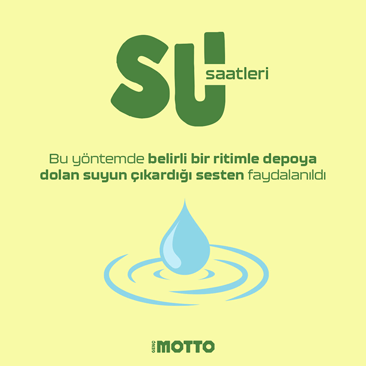 -Su saatleri-
Bu yöntemde belirli bir ritimle depoya dolan suyun çıkardığı sesten faydalanıldı