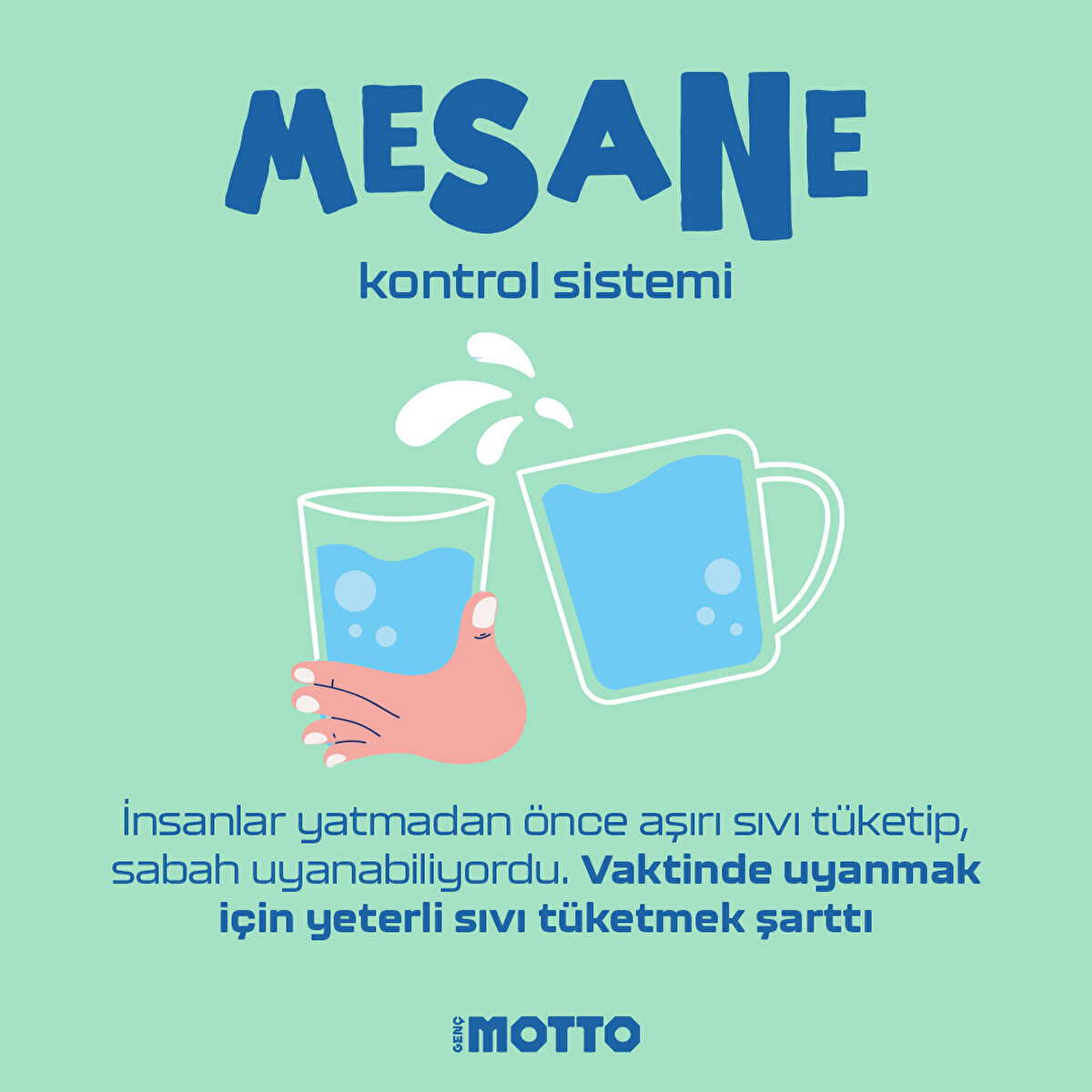 -Mesane kontrol sistemi-
İnsanlar yatmadan önce aşırı sıvı tüketip, sabah uyanabiliyordu. Vaktinde uyanmak için yeterli sıvı tüketmek şarttı