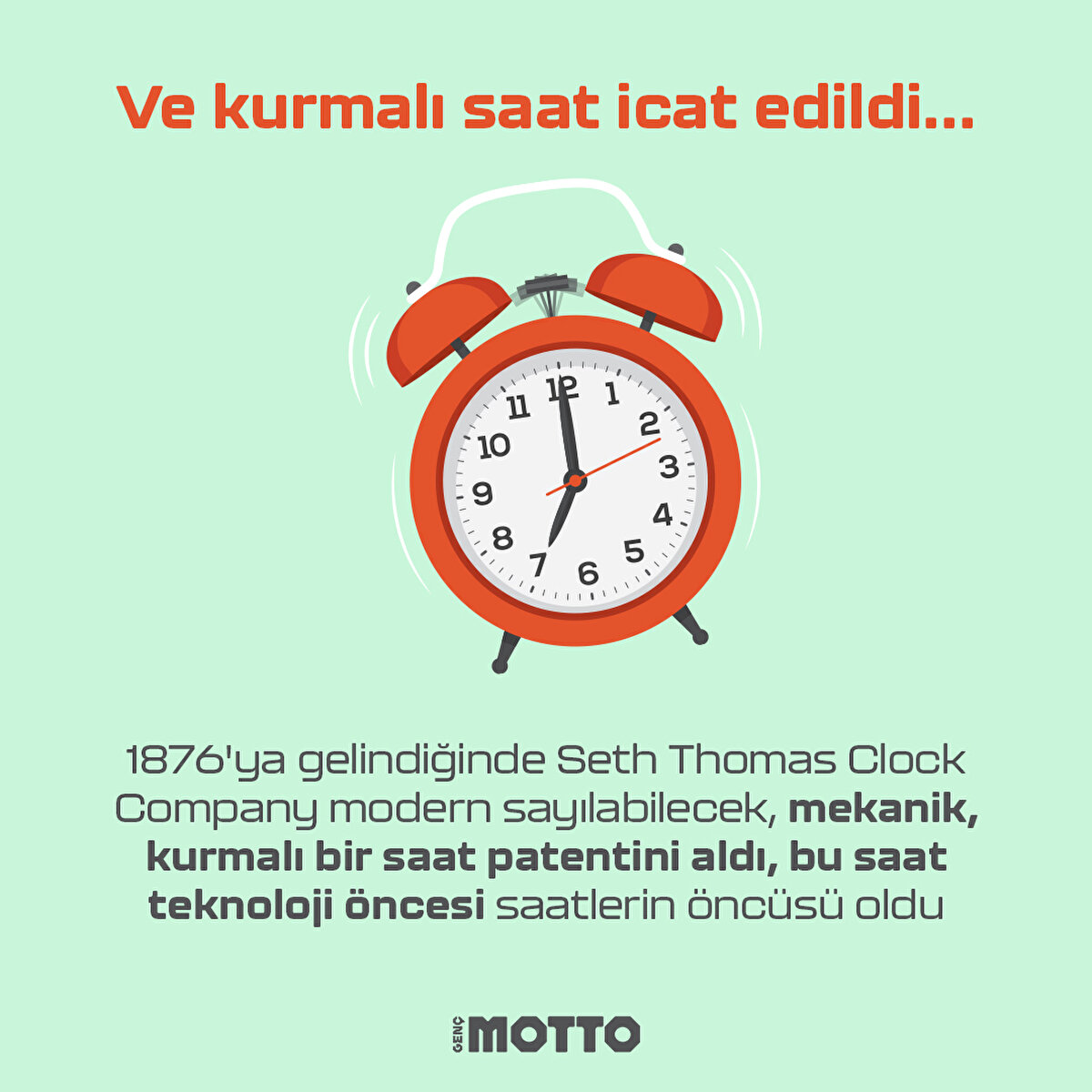 Ve kurmalı saat icat edildi...
1876'ya gelindiğinde Seth Thomas Clock Company modern sayılabilecek, mekanik, kurmalı bir saat patentini aldı, bu saat teknoloji öncesi saatlerin öncüsü oldu