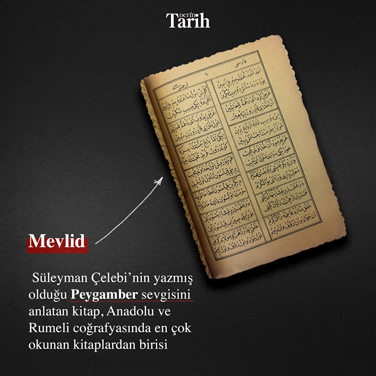 Mevlid
Süleyman Çelebi’nin yazmış olduğu, peygamber sevgisini anlatan kitap, Anadolu ve Rumeli coğrafyasında en çok okunan kitaplardan birisi