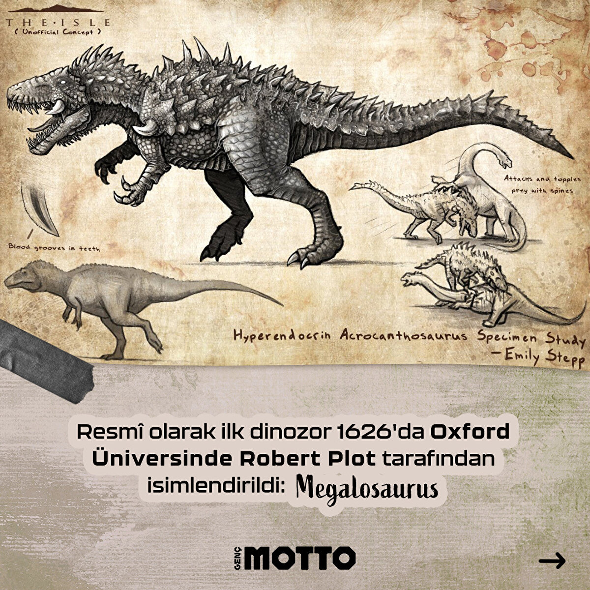 Resm&#238; olarak ilk dinozor 1626'da Oxford &#220;niversinde Robert Plot tarafından isimlendirildi: Megalosaurus