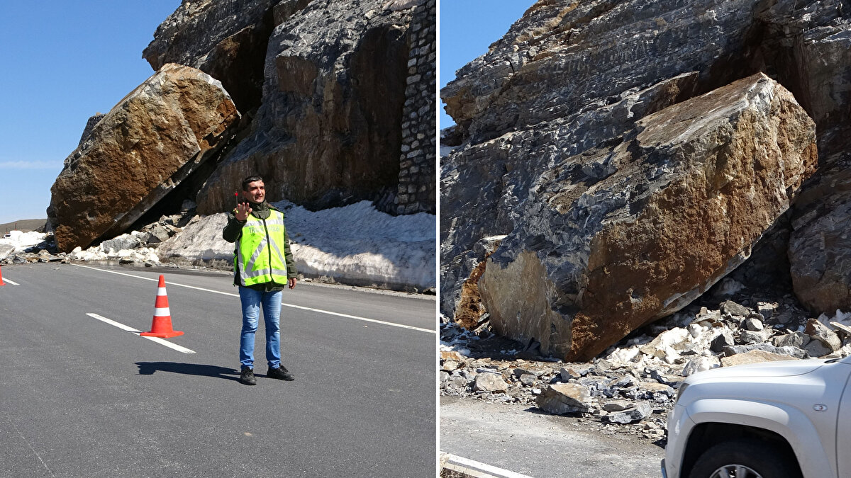 Kentte etkili olan yağmurın ardından bugün öğle saatlerinde Bitlis-Tatvan kara yolunun kenarında, dev bir kaya parçası yerinden koptu.