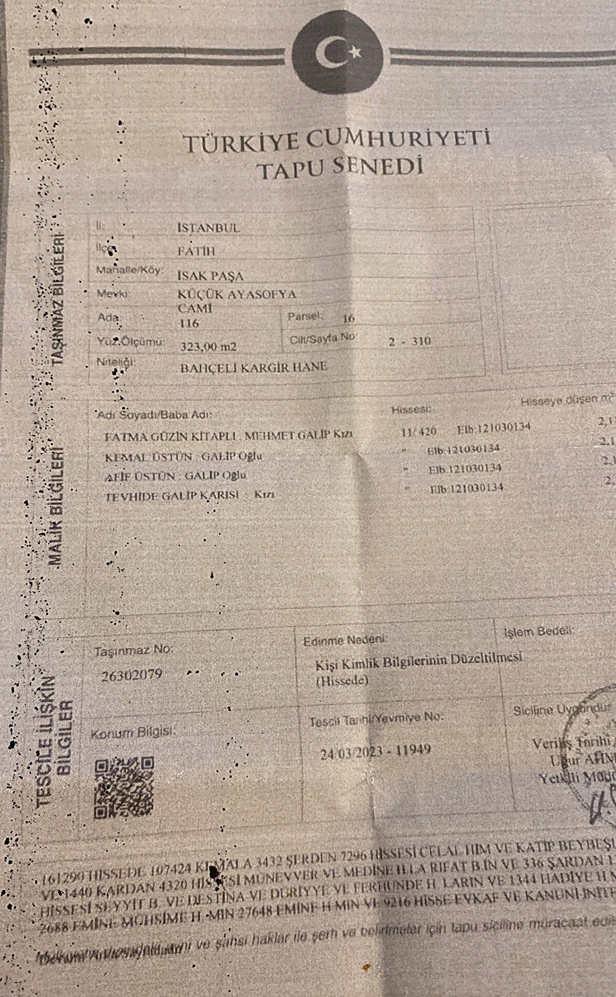 SANDIKTA TESADÜFEN BULUNDU<br><br>1960 yılında Hüseyin Ağa'nın torunlarından Fatma Güzin (Ataman) Kitaplı'nın sandıkta bulduğu Osmanlıca bir belgenin tapu olduğunun ortaya çıkması üzerine, o yıllarda başlatılan tapu veraset davası, Kitaplı'nın ölümünden sonra, ailenin diğer bireyleri tarafından devam ettirildi.