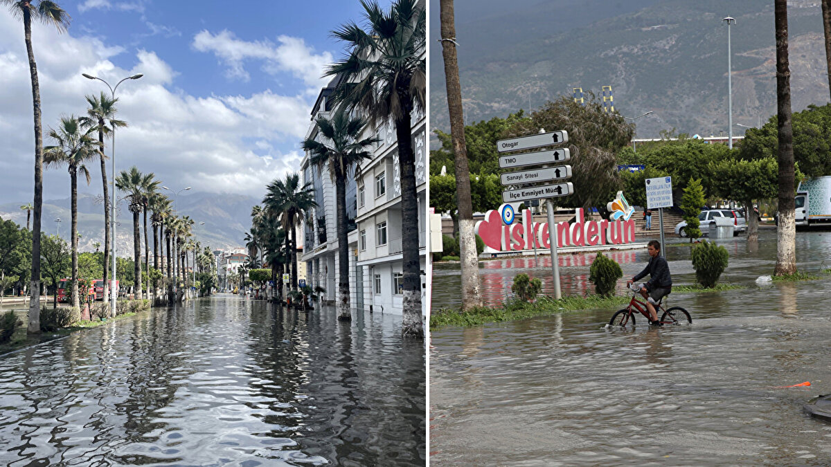 Hatay'ın İskenderun ilçesinde, lodos ve sağanak nedeniyle deniz seviyesinin yükselmesi sonucu sahil bandındaki bazı caddeler su altında kaldı.<br><br>